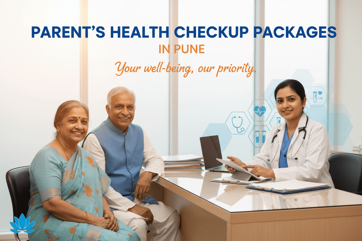 Parent's health checkup packages for parents in Pune with a doctor and elderly couple in a consultation setting.