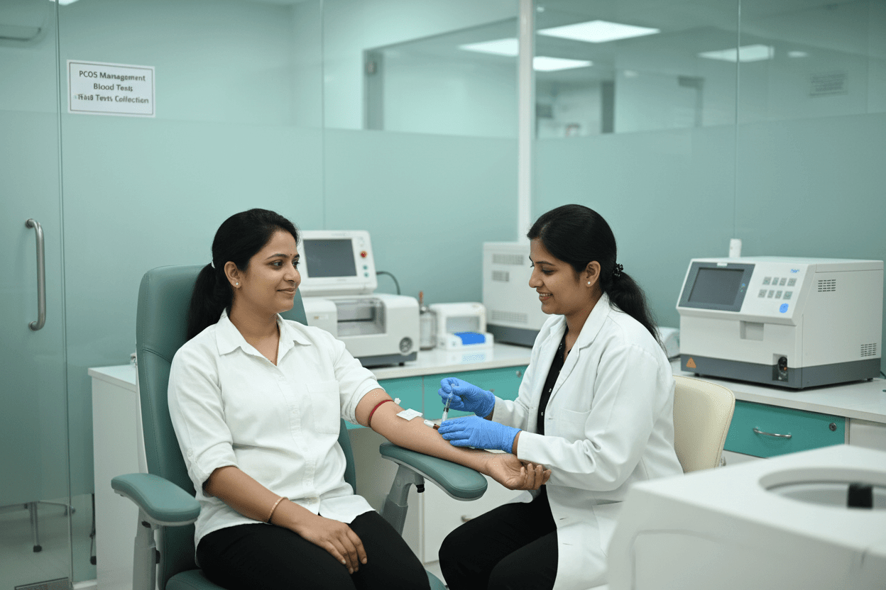 PCOS management blood tests with home collection in Pune, trained phlebotomist taking blood sample.
