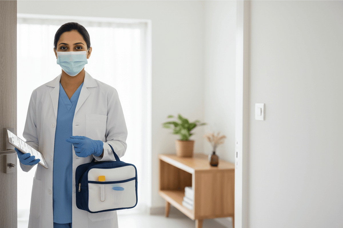 home collection urine tests Pune conducted by trained phlebotomist with sample collection kit.