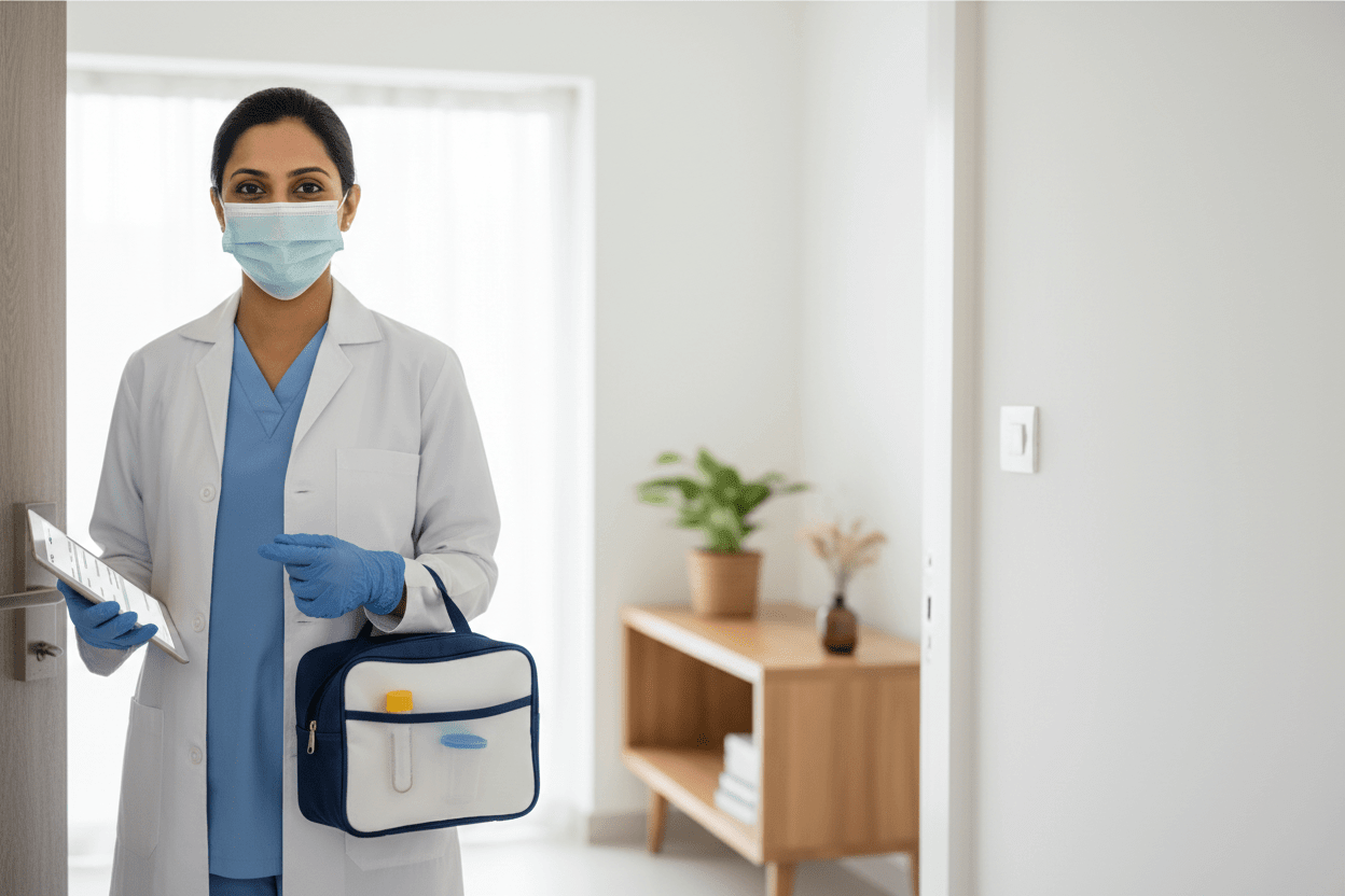 home collection urine tests Pune conducted by trained phlebotomist with sample collection kit.