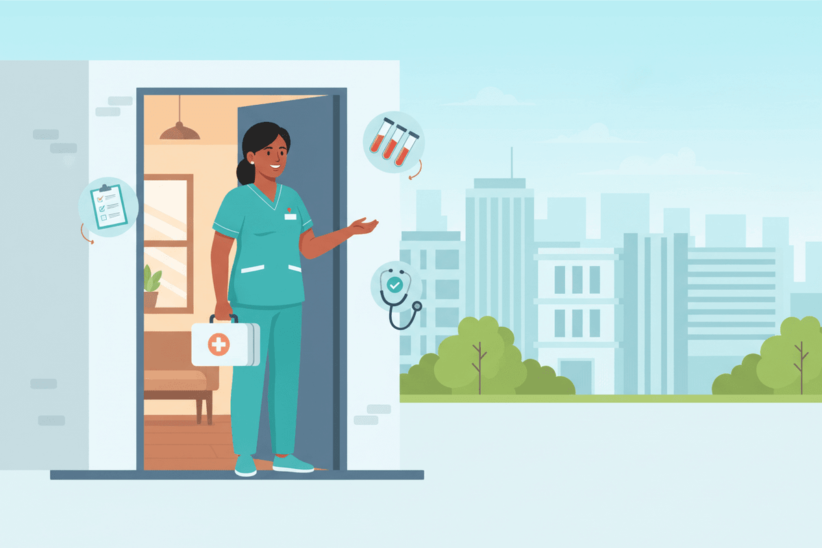 home health test packages Pune featuring a nurse ready for home sample collection.