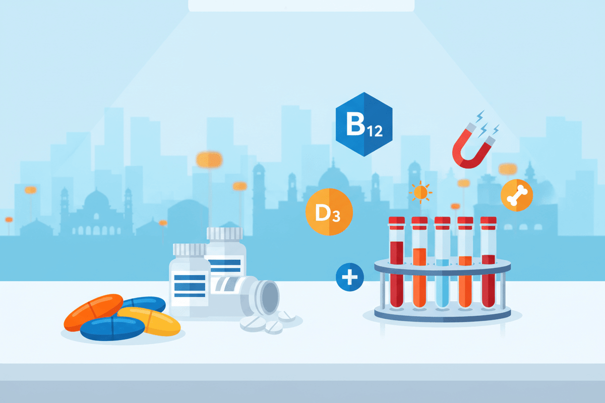 Vitamin and mineral test packages Pune - bottles, capsules, and test tubes for health analysis.