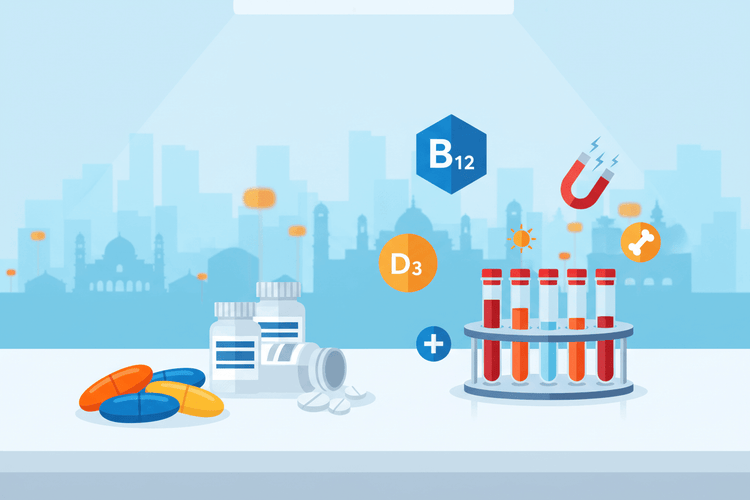 Vitamin and mineral test packages Pune - bottles, capsules, and test tubes for health analysis.