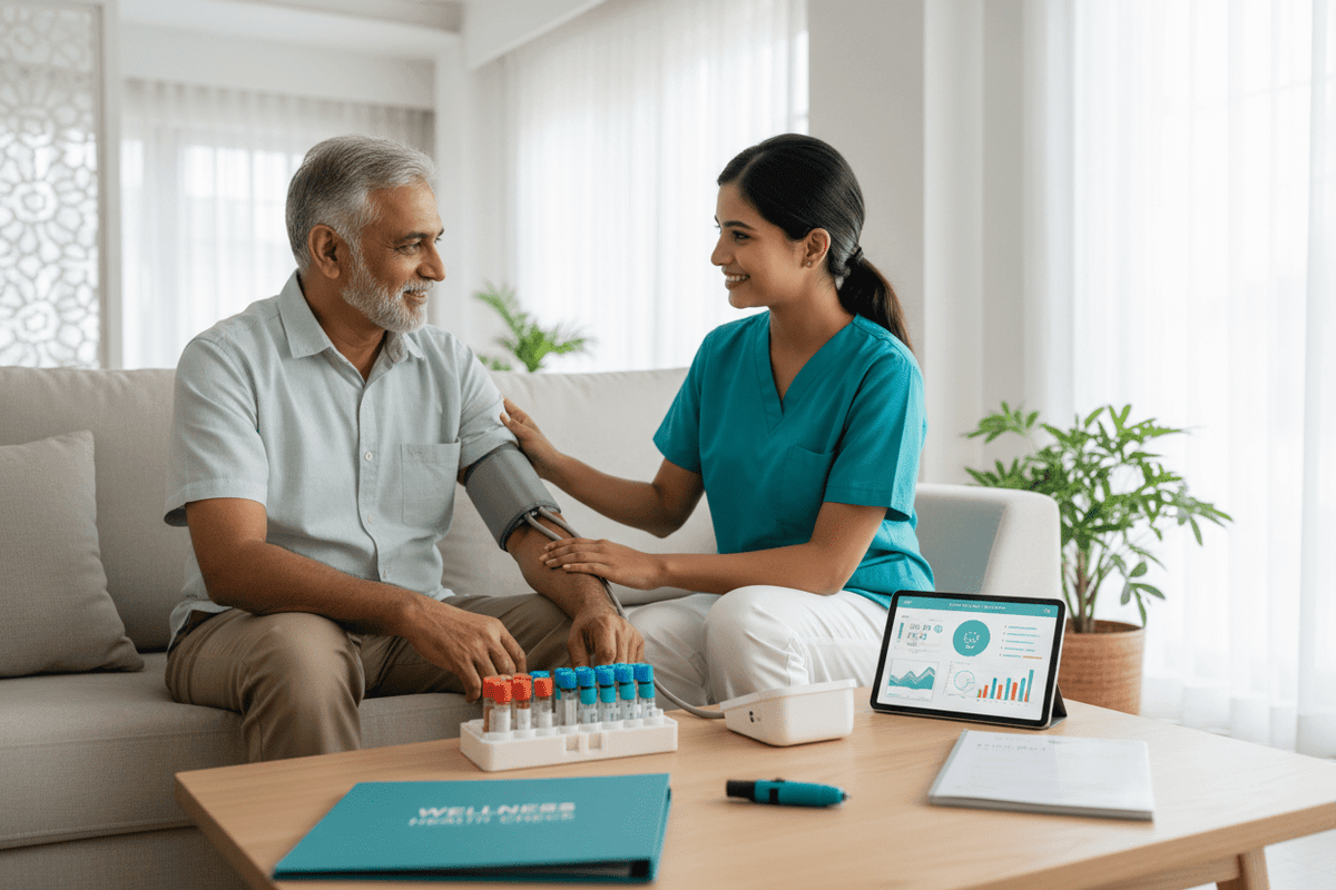 home wellness health check packages Pune - experienced phlebotomist conducting health check at home