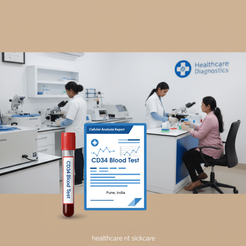 CD34 Blood Test Pune with lab technician and analysis report at Healthcare Diagnostics in Pune, India.