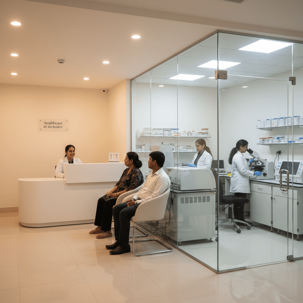 Healthcare clinic in Pune with staff and patients waiting for urinary magnesium loss test.