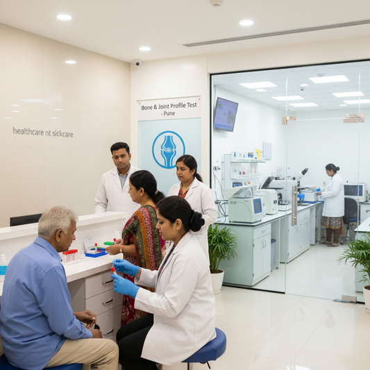 A modern clinic interior showing healthcare staff and patients in a bone and joint profile test room. A woman in a white lab coat wearing blue gloves attends to a seated patient at a counter, while other doctors and staff work in the background labs.