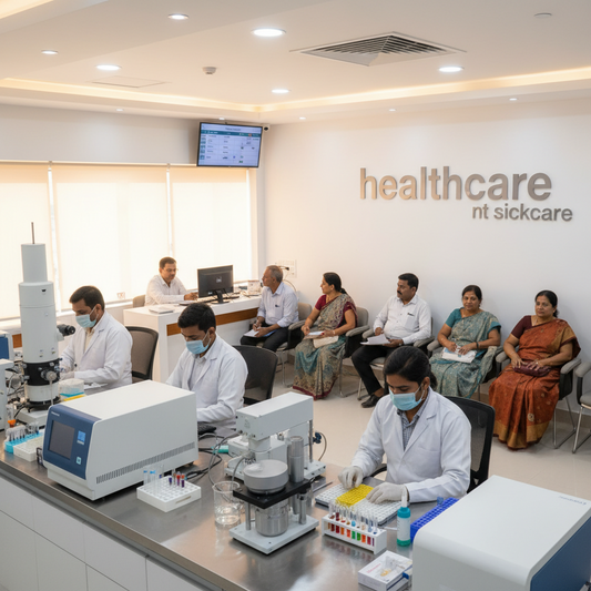 A modern medical laboratory or clinic interior with several people in white lab coats and masks working at lab benches with microscopes and testing equipment, while others sit in chairs against a light wall with the text 'healthcare nt sickcare' visible.