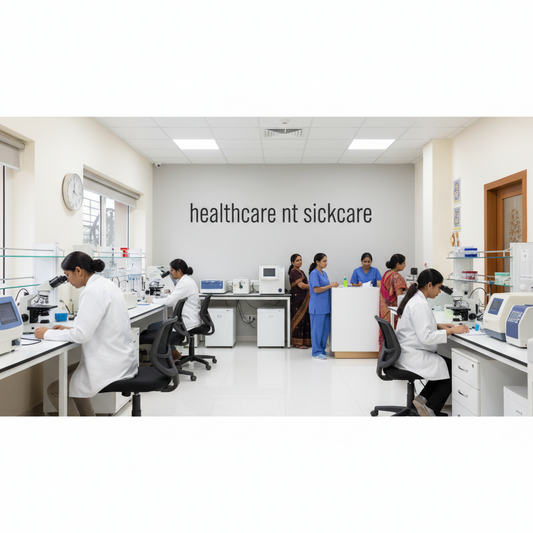 A bright modern healthcare laboratory with several people in white coats and scrubs working at lab benches, with a wall sign reading 'healthcare nt sickcare' in the background.